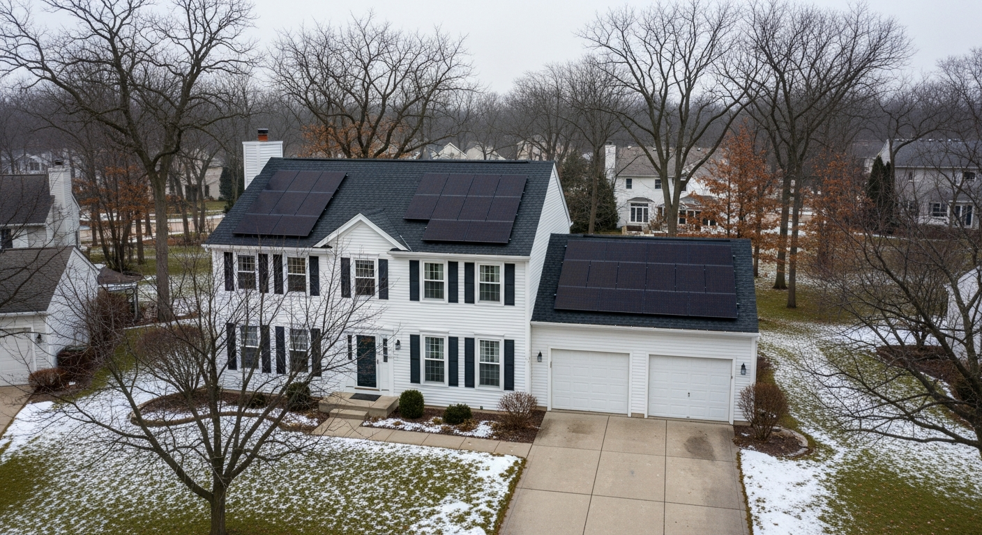 Suburban residential rooftop solar context, Wisconsin reference imagery.